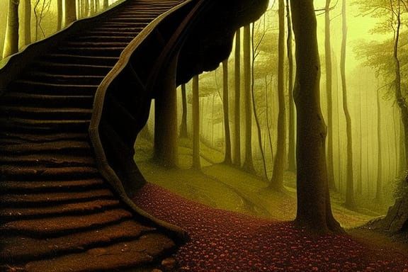 Surreal Staircase to Heaven in Enchanted Forest