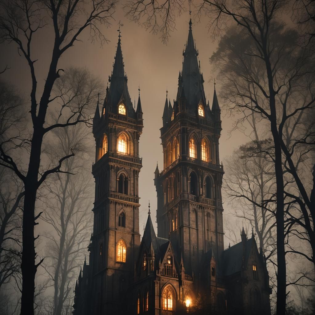 Eerie Gothic Copper Tower in Misty Forest