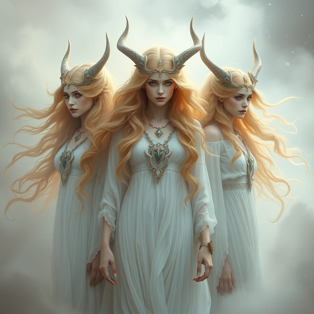 Ethereal Norns Weave Fate in Swirling Mist