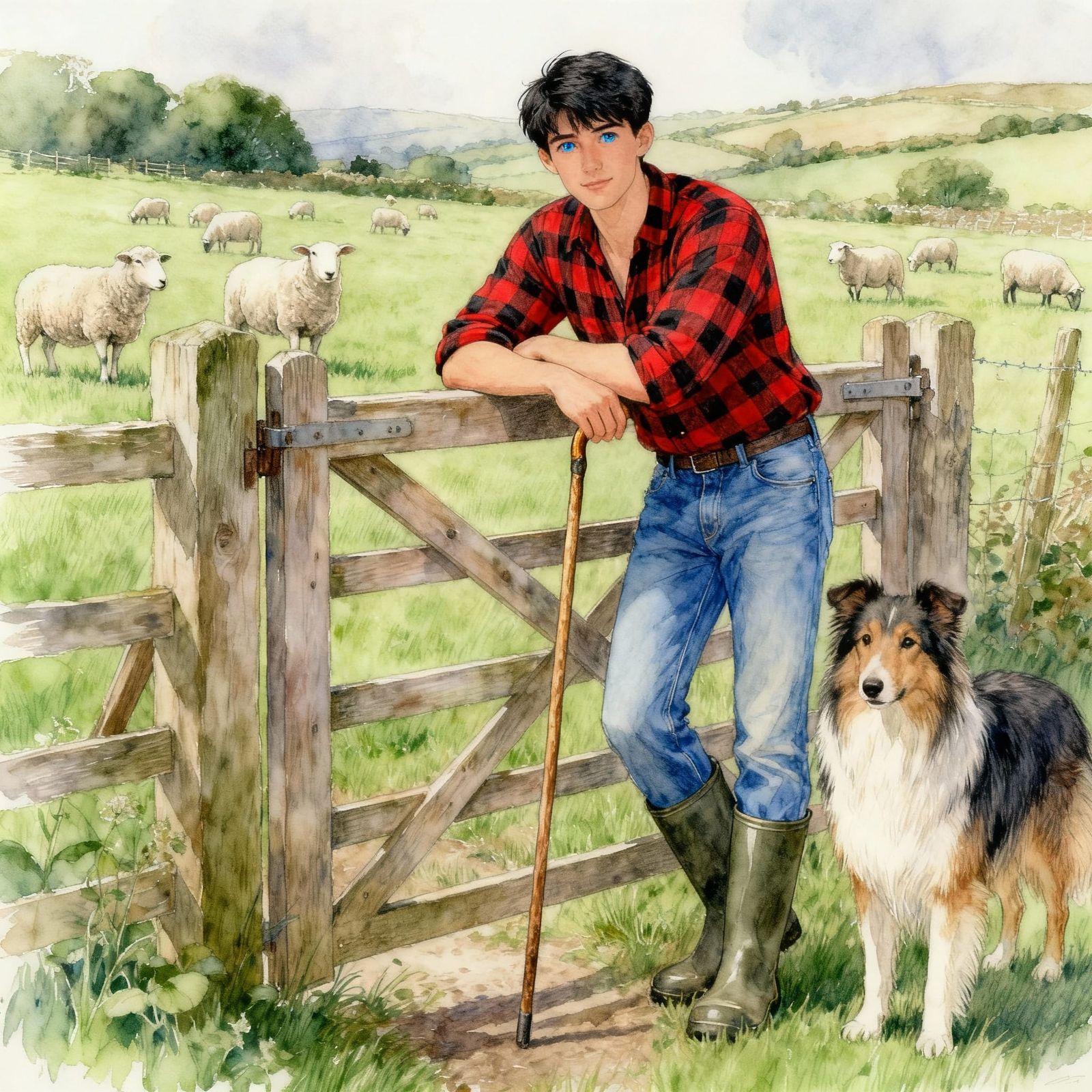 Man and Dog in Rural Landscape, Pencil and Acrylic Style