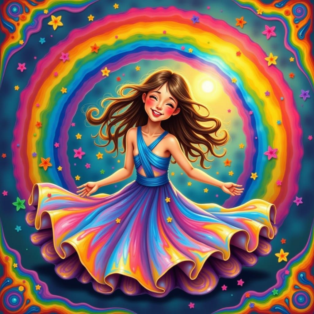 Surreal Whimsical Girl Swirling in Prismatic Rainbow