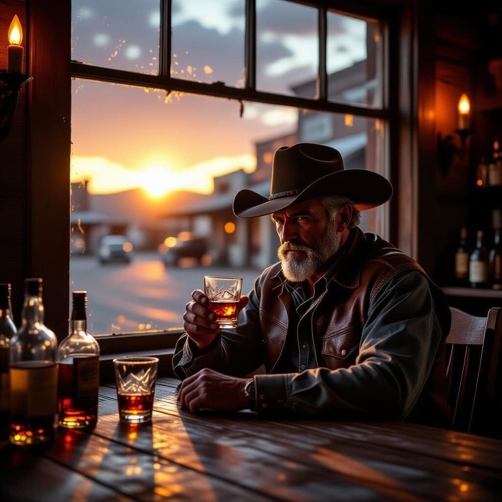 Grizzled Cowboy in Dim Saloon, Western Film Style
