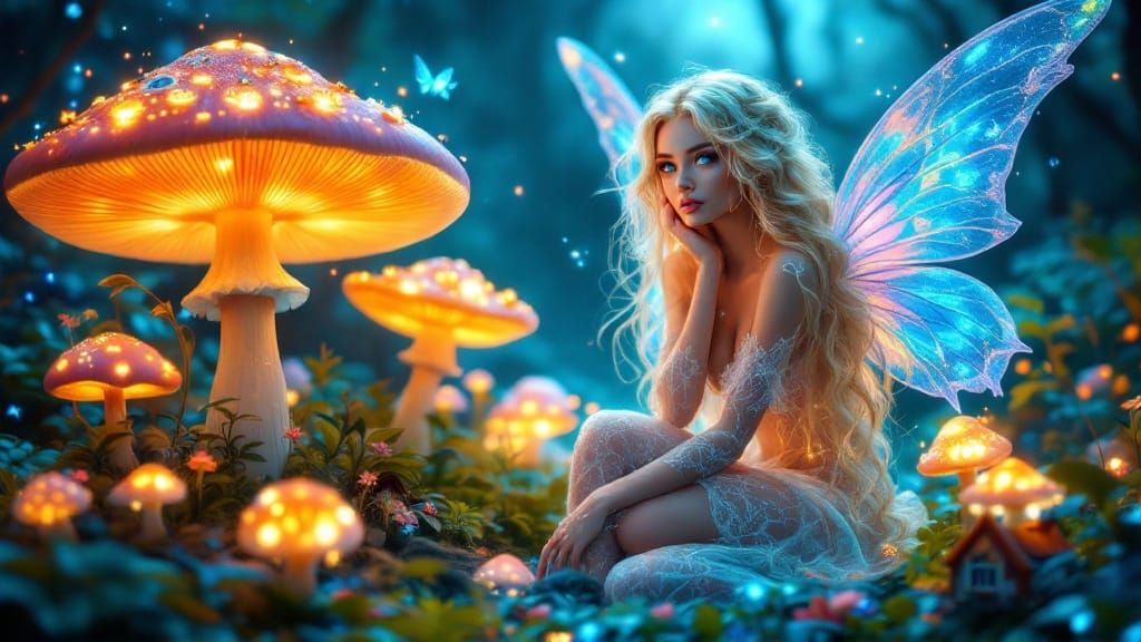 Luminous Fairy on a Colorful Mushroom, Surrounded by Whimsic...