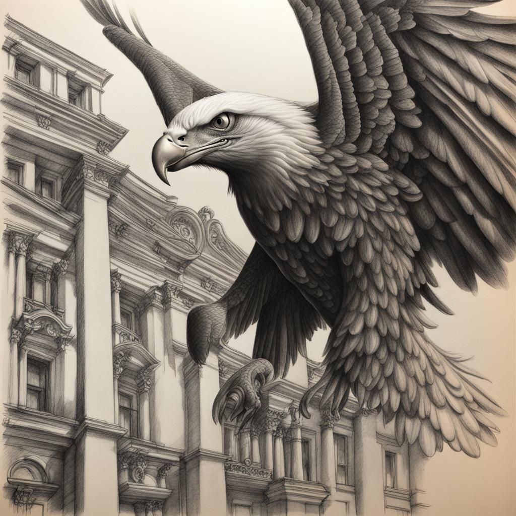 dense architecture drawings background and an eagle in front...