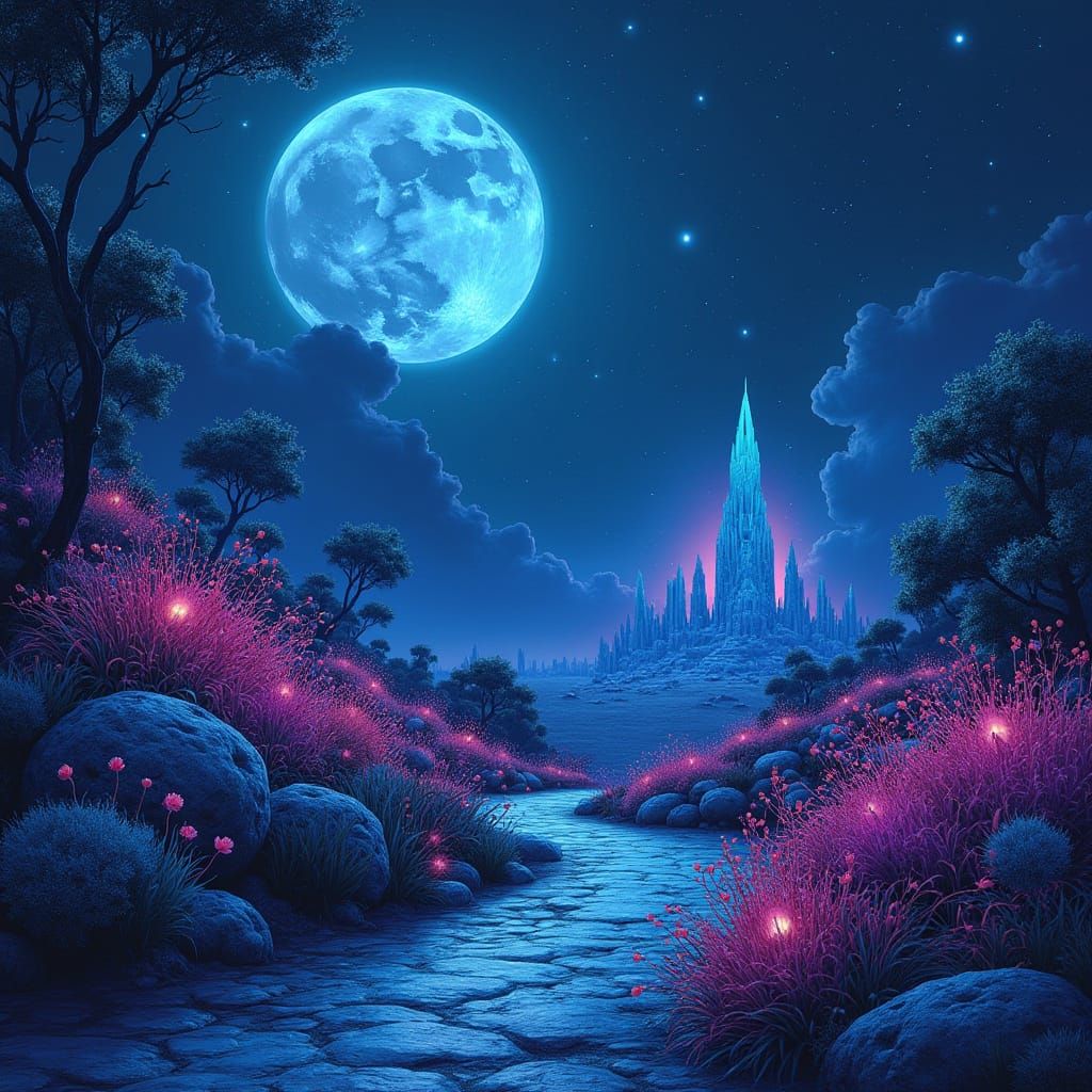 Surreal Moonlight Landscape with Glowing Flora and Crystal S...