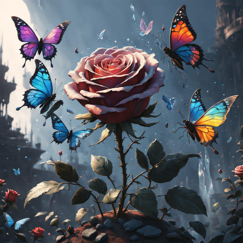 Whimsical Crystal Rose with Butterflies in Fantasy Art Style