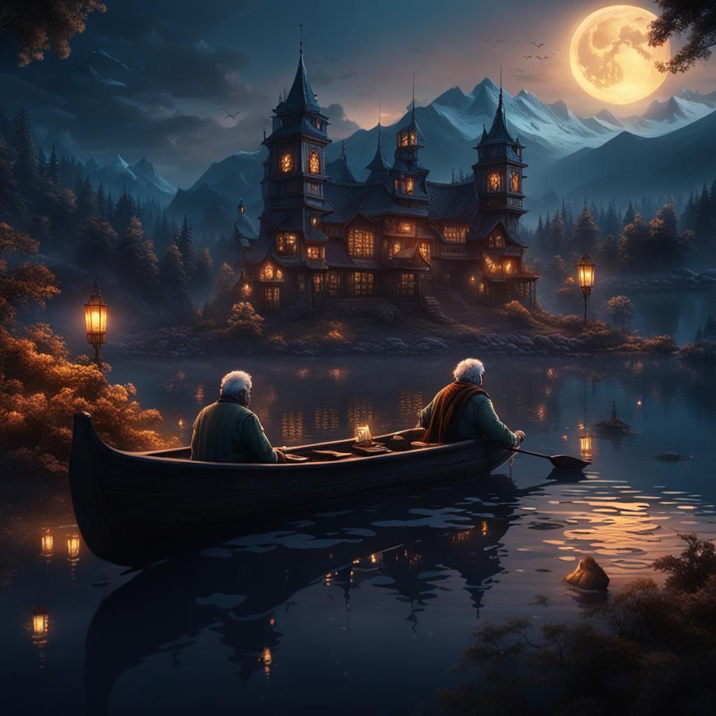 Old Person on Lake at Night: Matte Painting