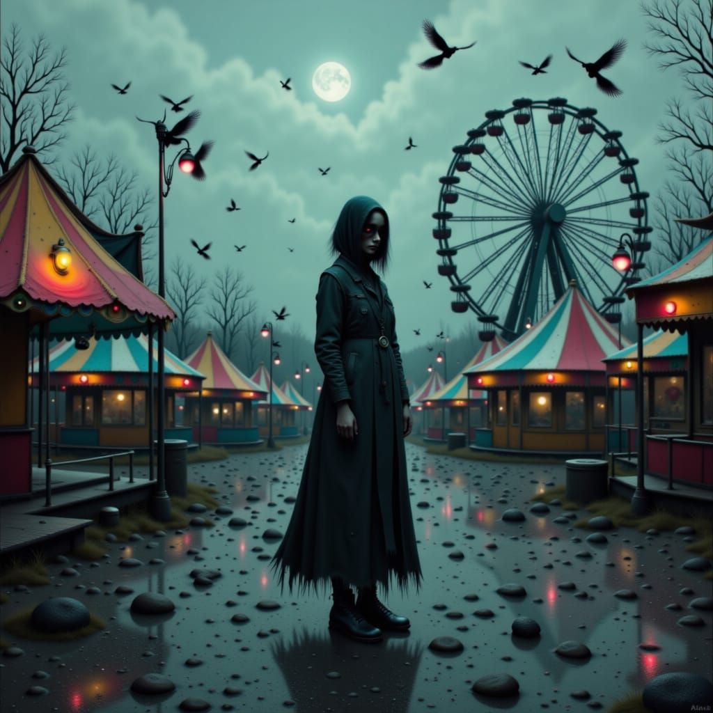 Mysterious Woman at Creepy Carnival, Dark Surrealism