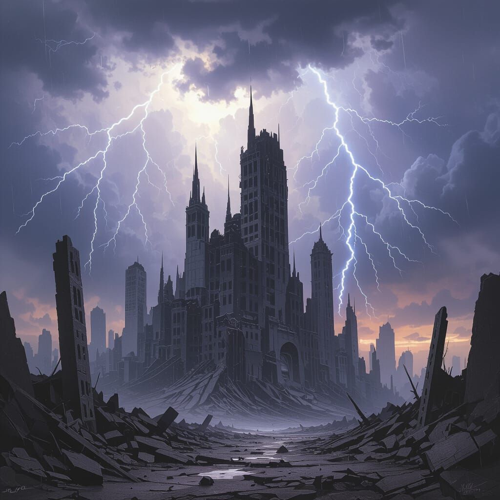 Dystopian Cityscape in Stormy Skies