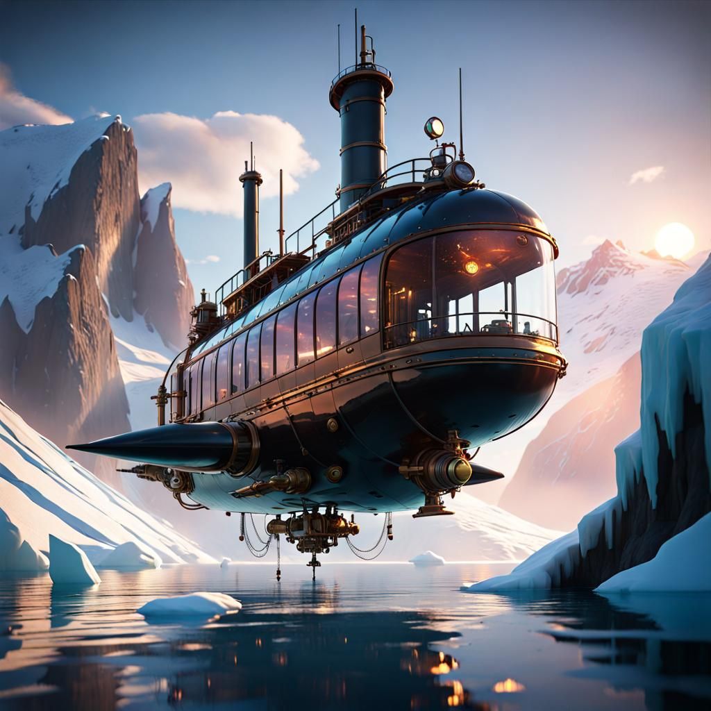Glass Steampunk Submarine Soars Among Icebergs