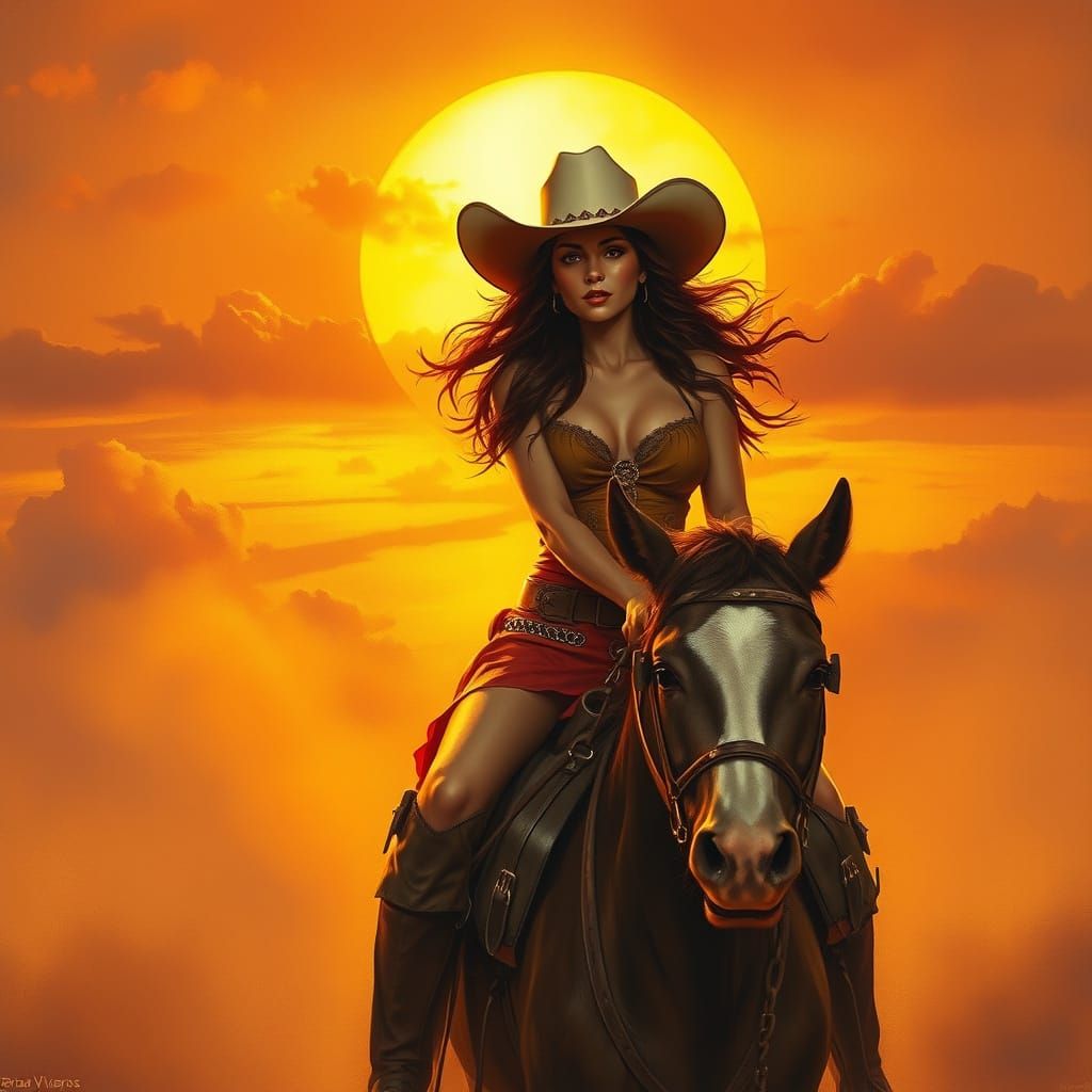 Dazzling Cowgirl Riding Through Sunset in Airbrush Style