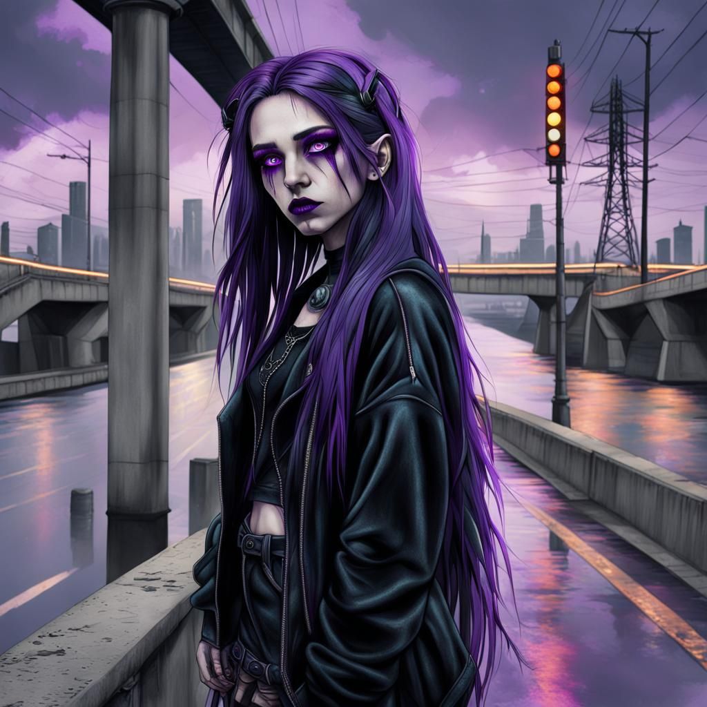 Moody Goth Girl with Purple Hair in Neon Light