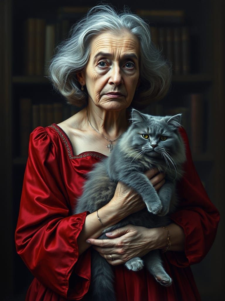 Contemplative Transwoman with Cat in Symbolist Style