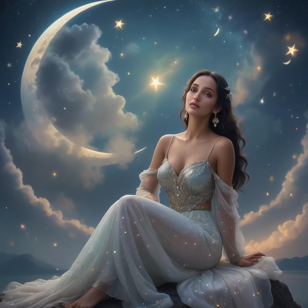 Ethereal Woman on Moon in Enchanted Starlight