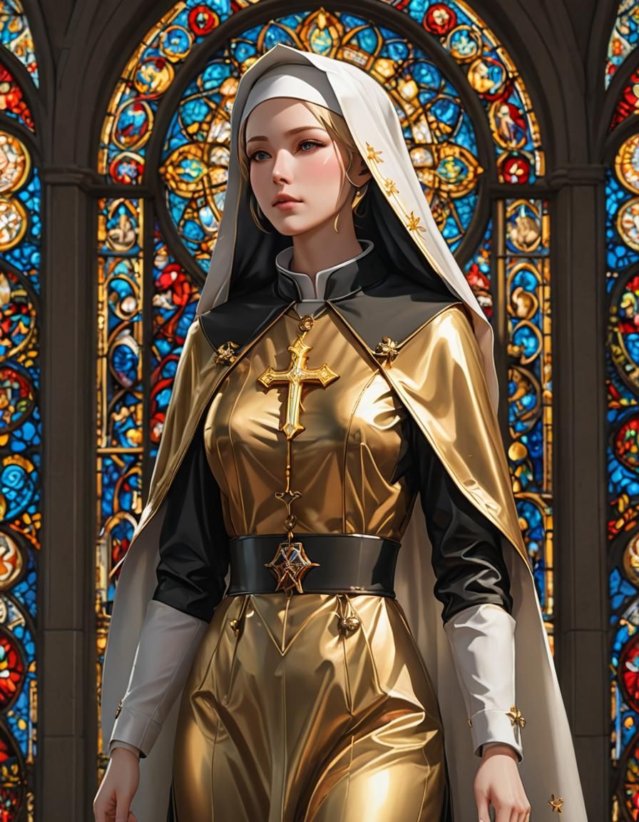 Attractive Nun in Gold Suit, 3D Anime Art