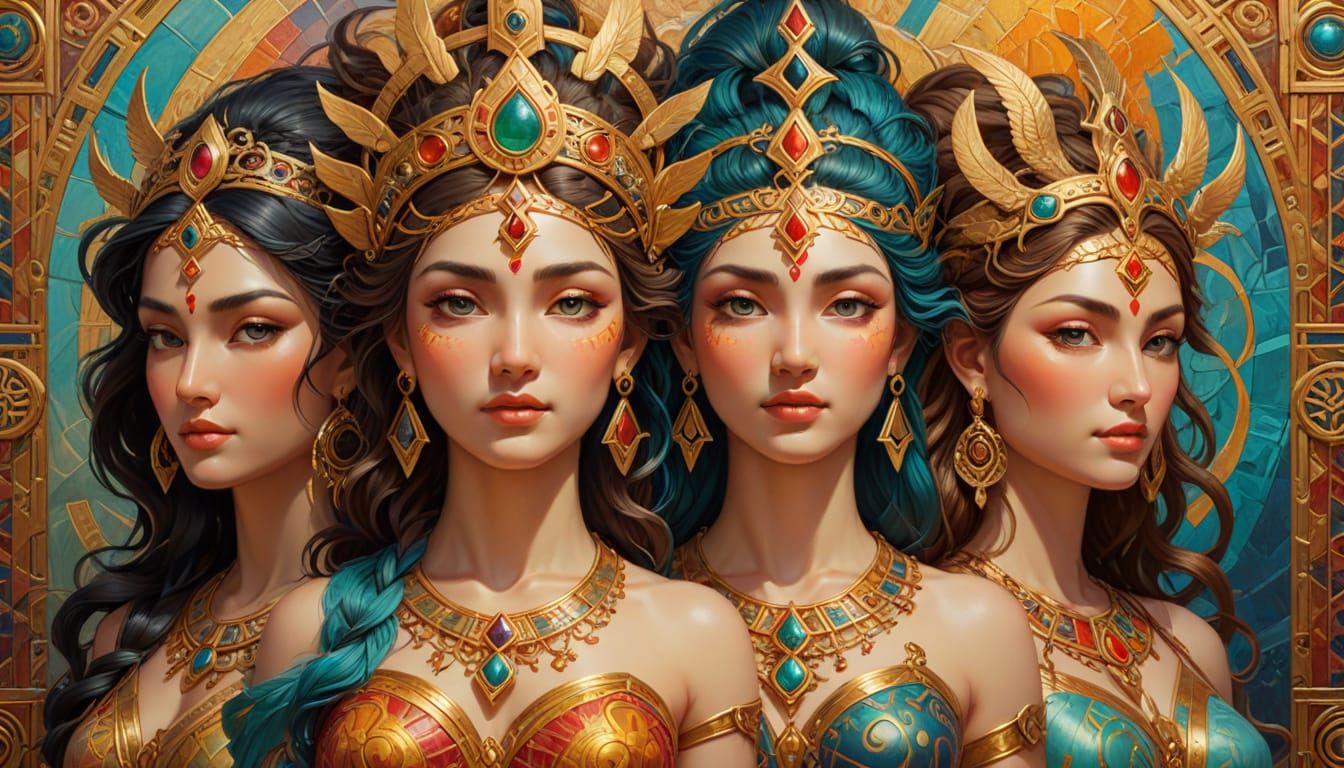 Mythological Goddess Symbols in Vibrant Triadic Colors