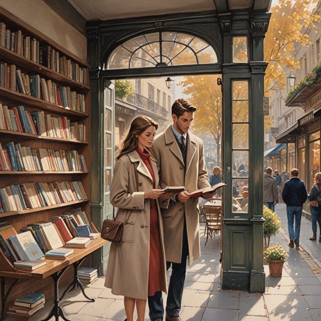 Couple in Parisian Bookstore Holding Hands