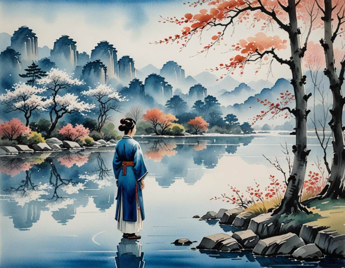 Chinese Watercolour Reflection Painting.