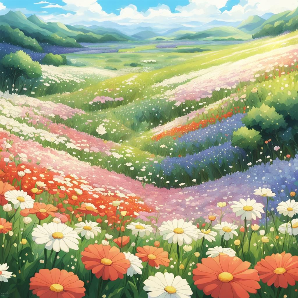 Anime Flower Field in Japanese Manga Style