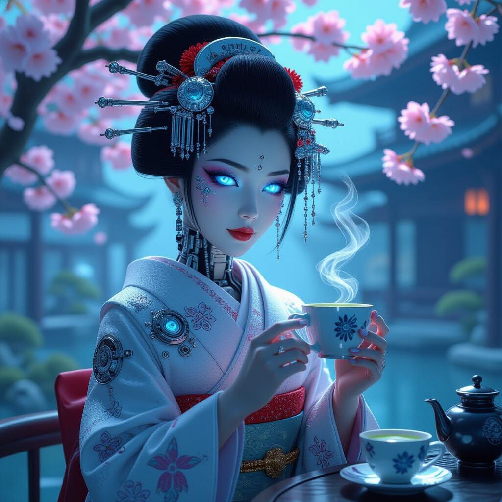 Android Geisha in Futuristic Teahouse: Cyberpunk Art