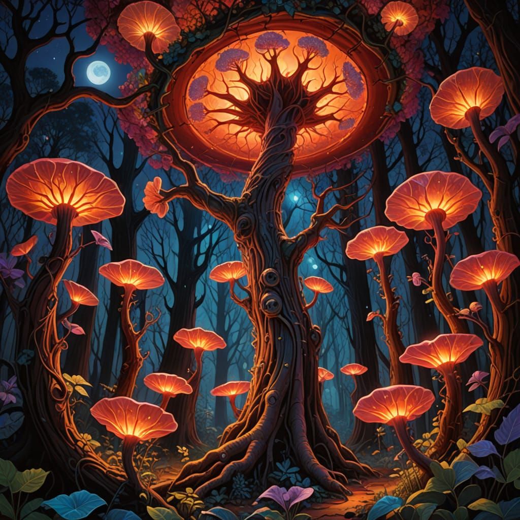 Surreal Blood Moon Illuminates Enchanted Forest in Ethereal....