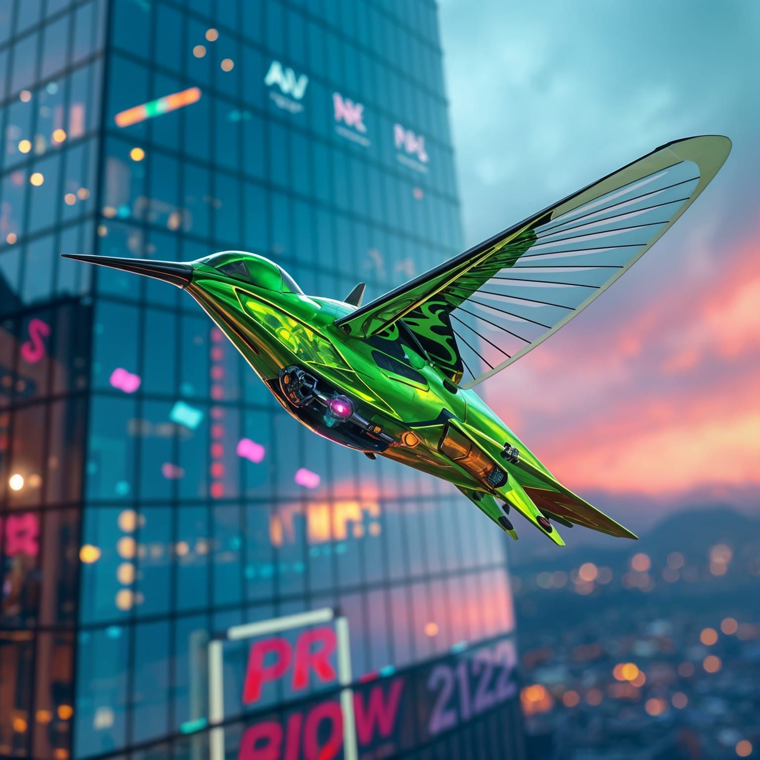 Raypunk Hummingbird Aircraft in Solarpunk City