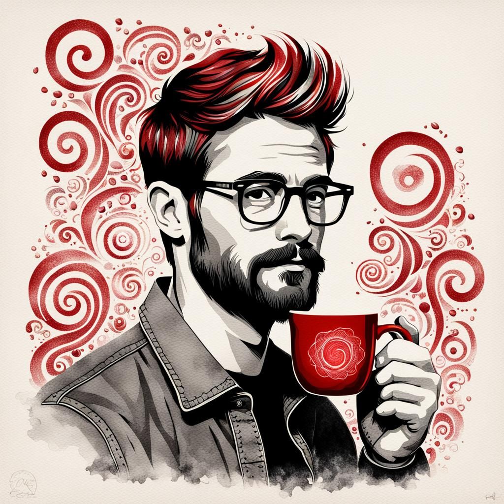 Hipster Portrait with Coffee Cup in Stencil Art