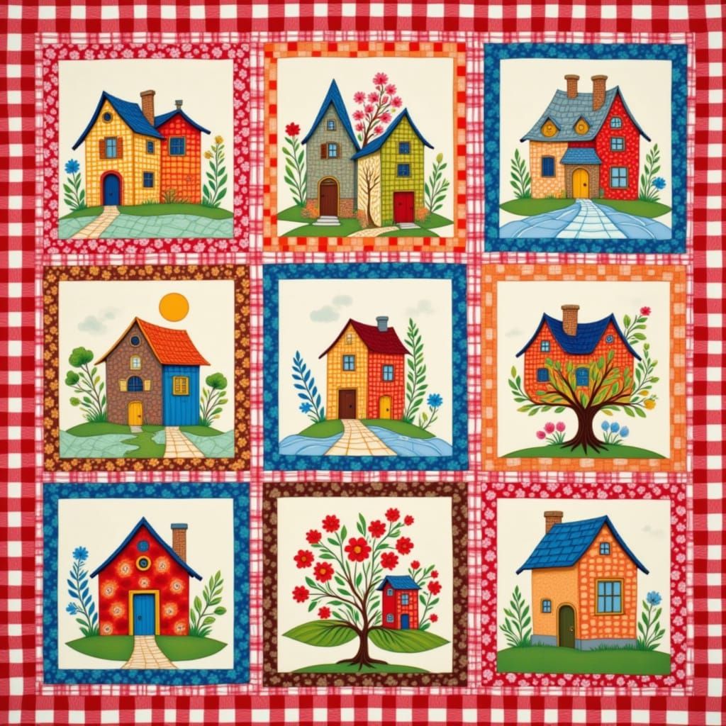 Stylized Gingham Quilt with Folk Art Motifs