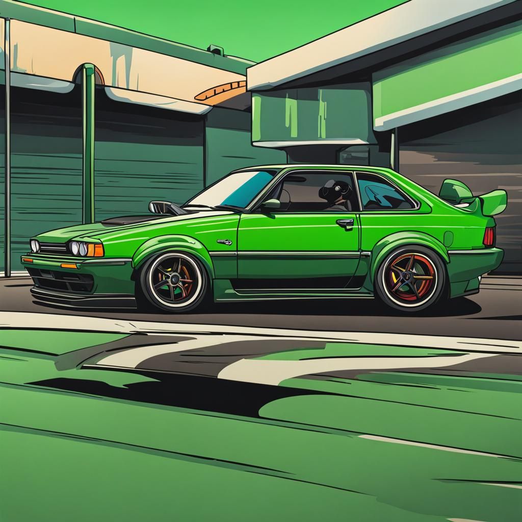 Green Drifting Car Cartoon Illustration