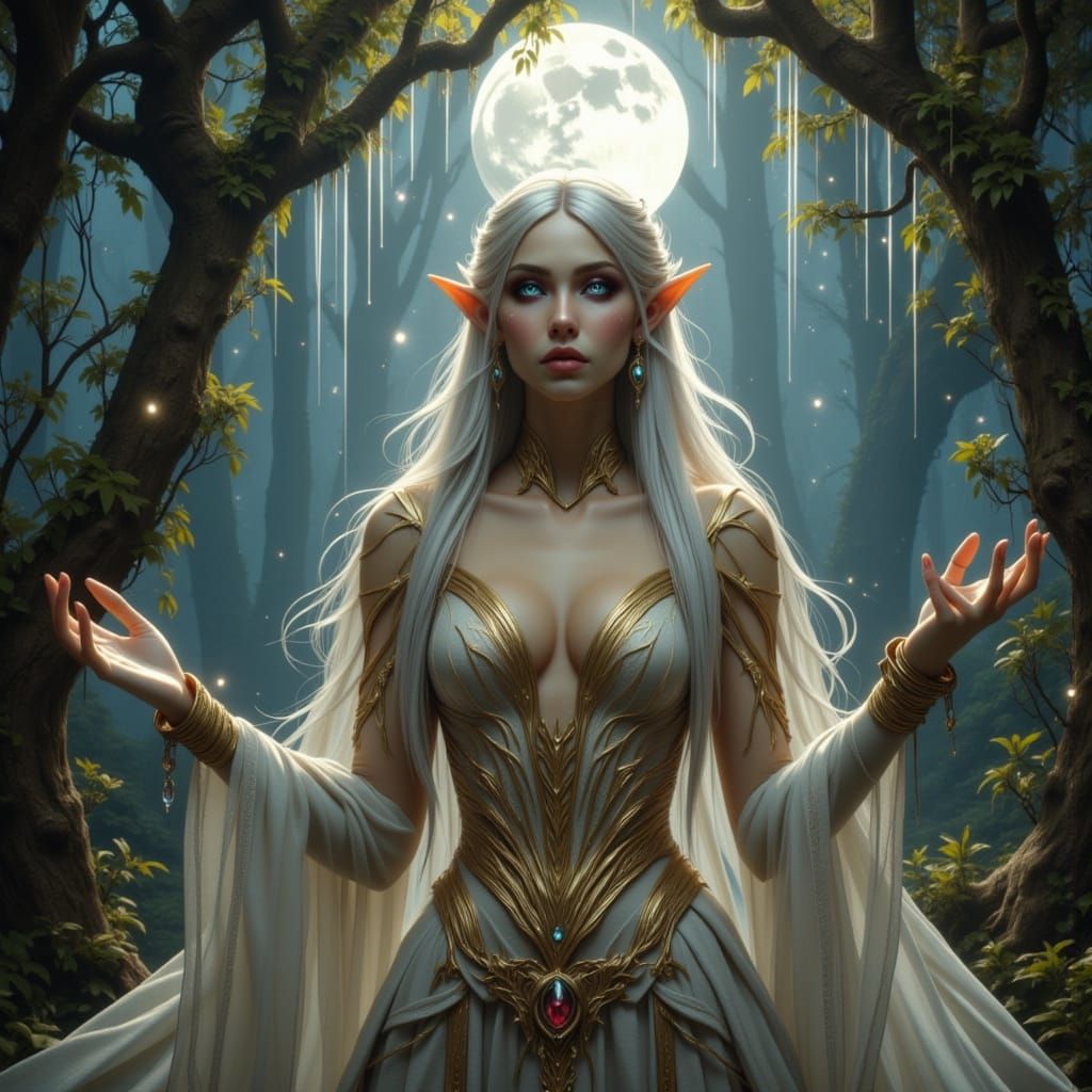 Elven Queen in Moonlit Forest Calling Moon Spirits