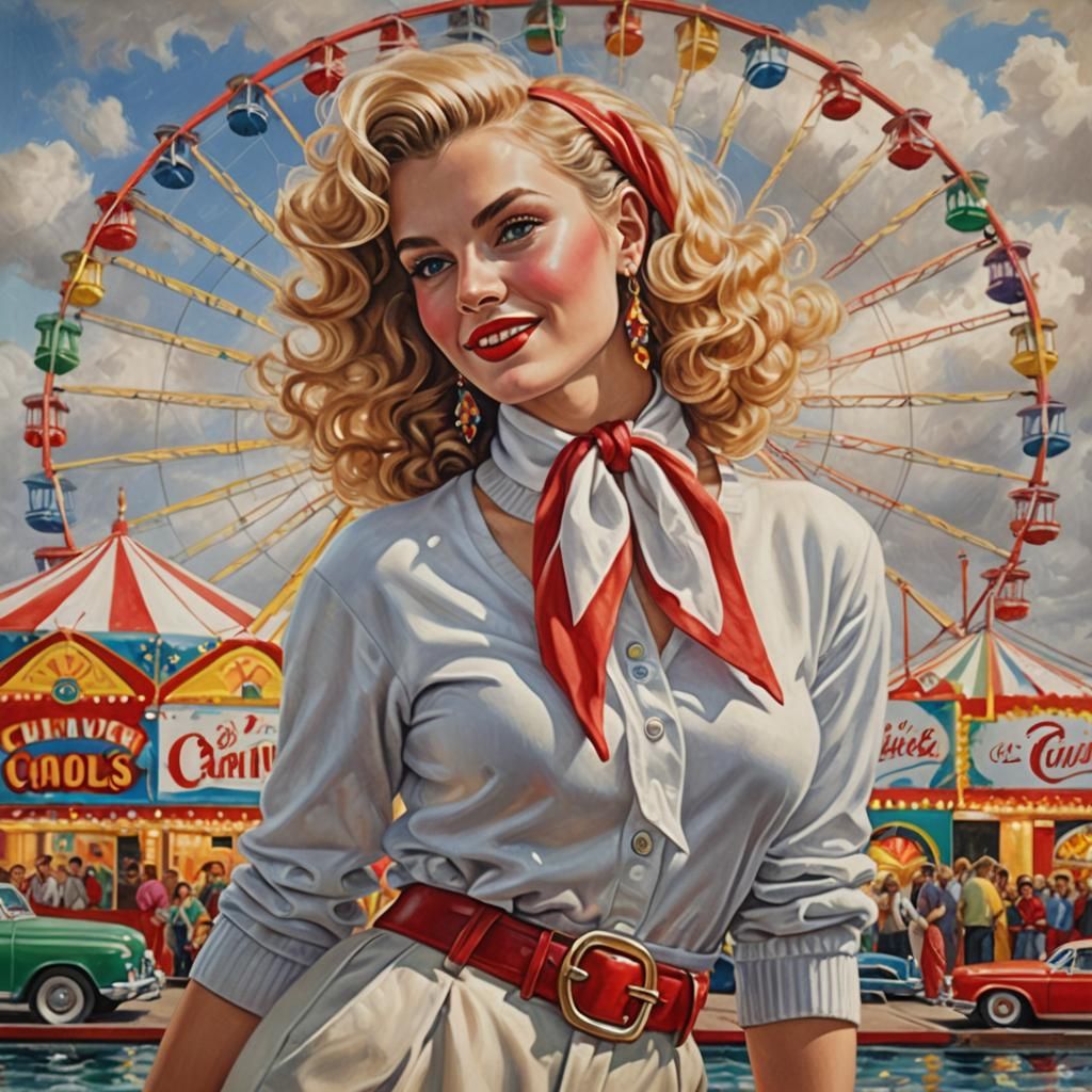 1950s Woman at Carnival: Hyperrealistic Airbrush Art