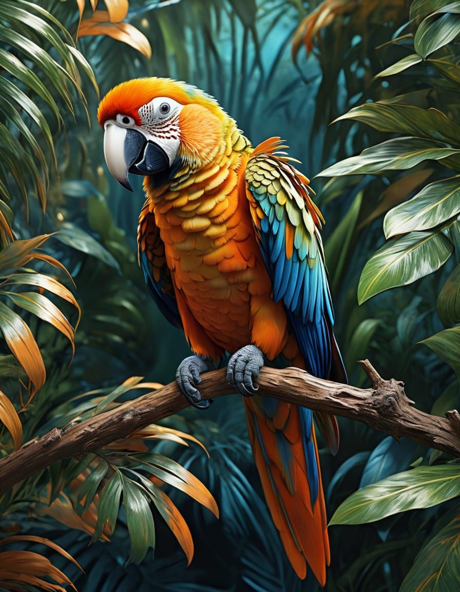 Hyper-Realistic Orange Parrot on Branch