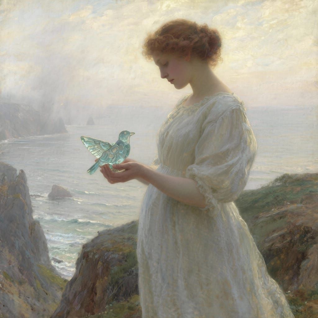 A solitary woman in a flowing white dress stands on a cliff ...