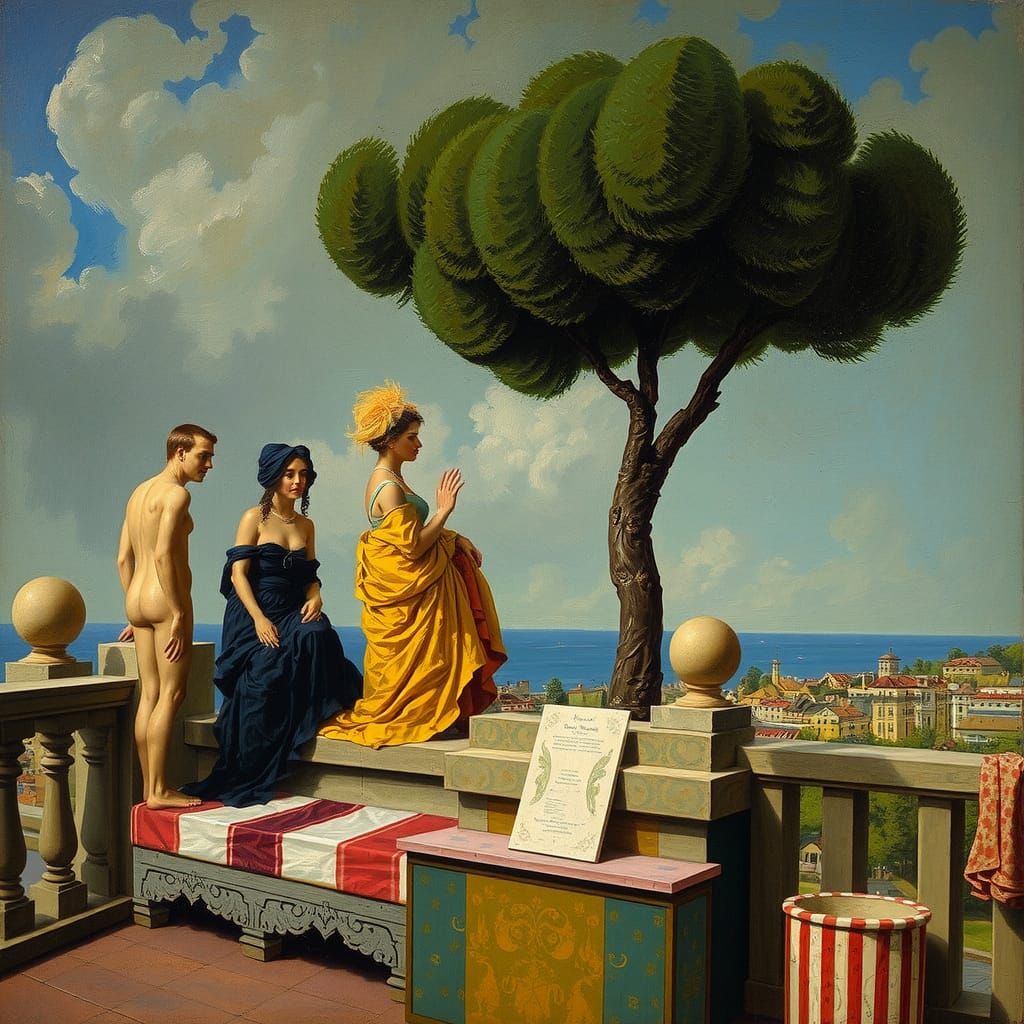 COMPOSITION WITH FIGURES ON A TERRACE, painting by Leonor Fi...
