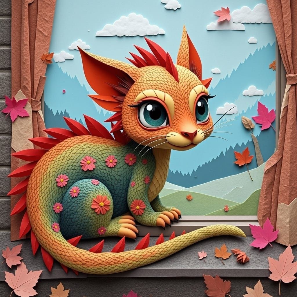 Mischievous Paper Art Dragon on Windowsill
