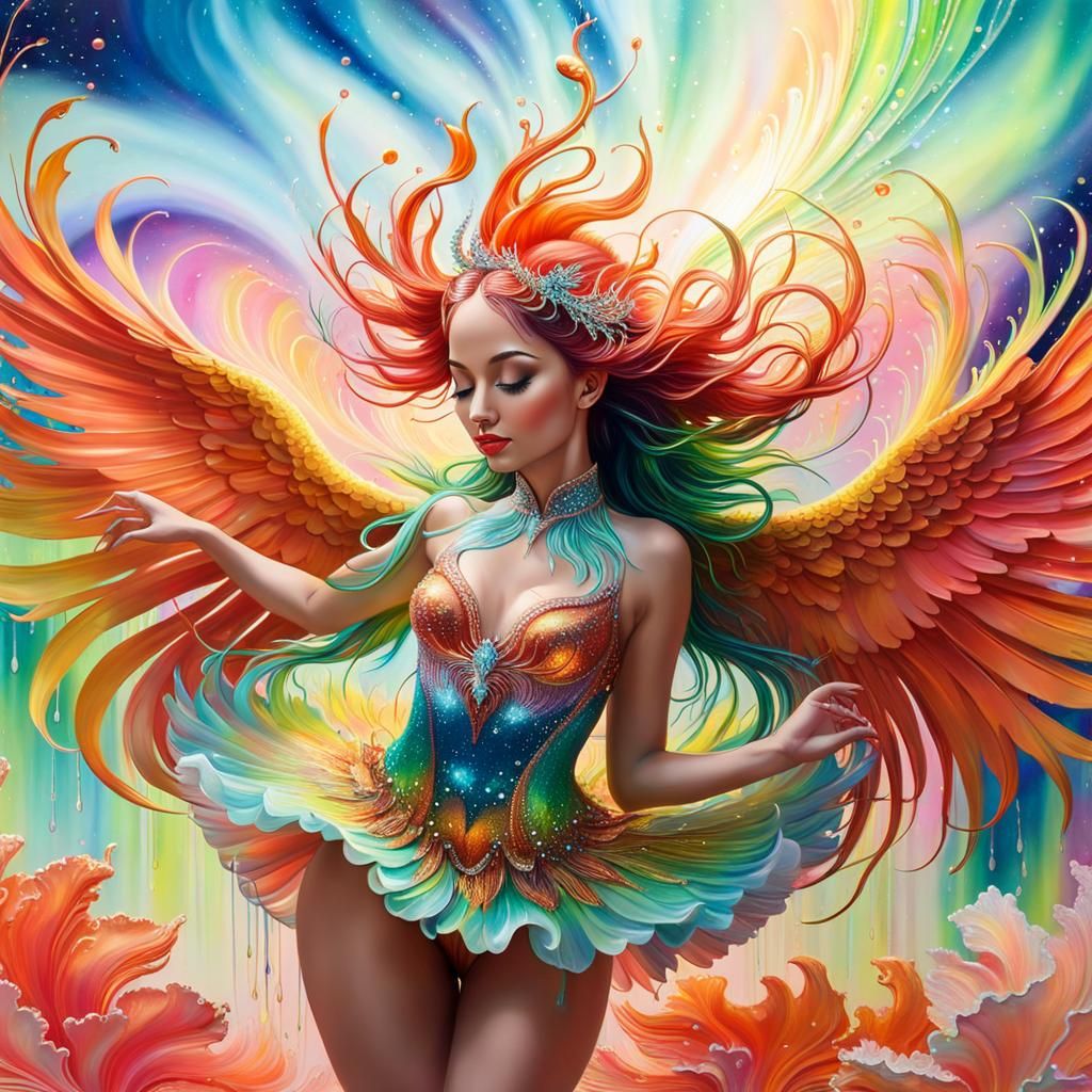 Whimsical Phoenix and Dancer Amidst Aurora Borealis