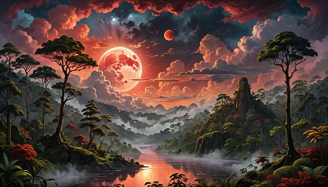 Rainforest Landscape with Blood Moon: Digital Painting