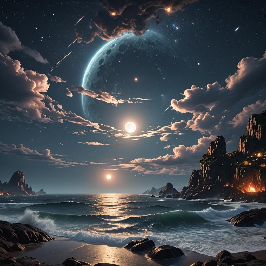 Mysterious Ocean Night With Meteor Shower