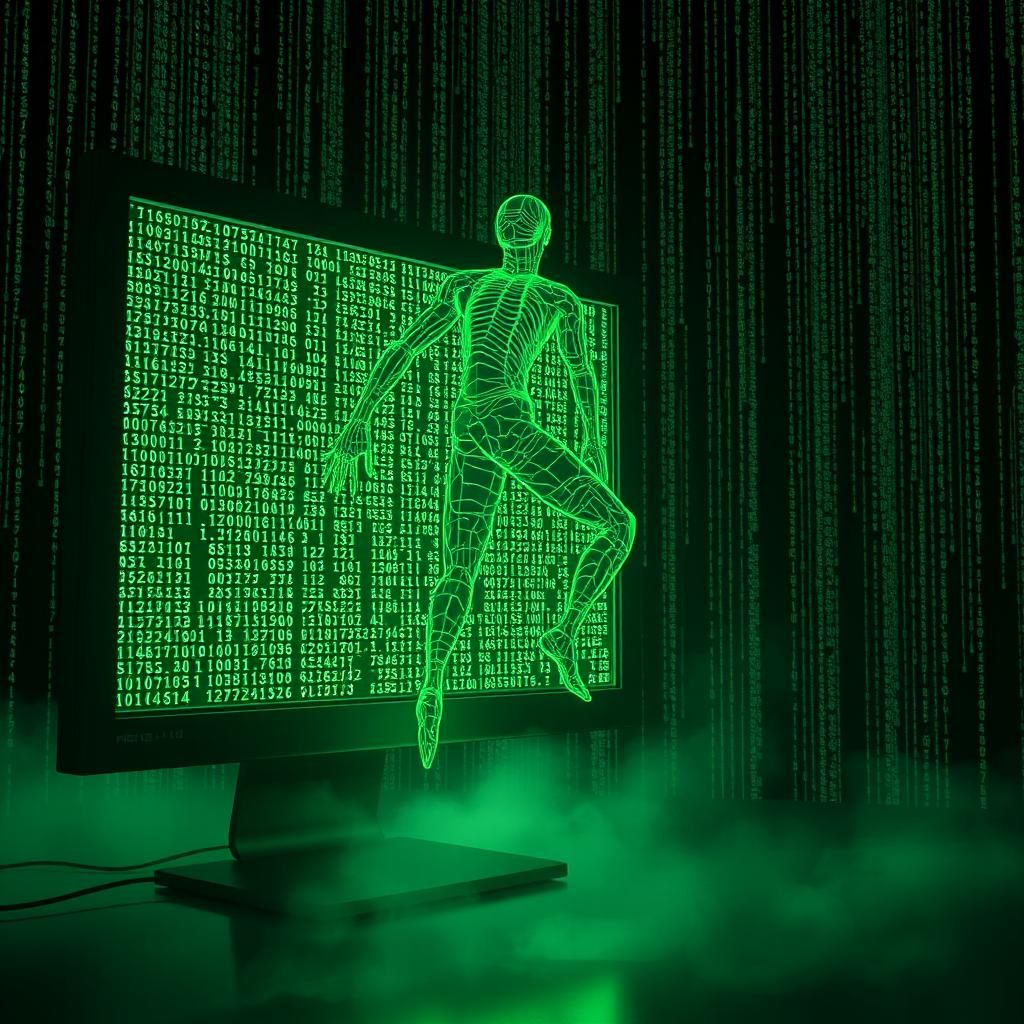 Green Wireframe Humanoid Emerges from Computer