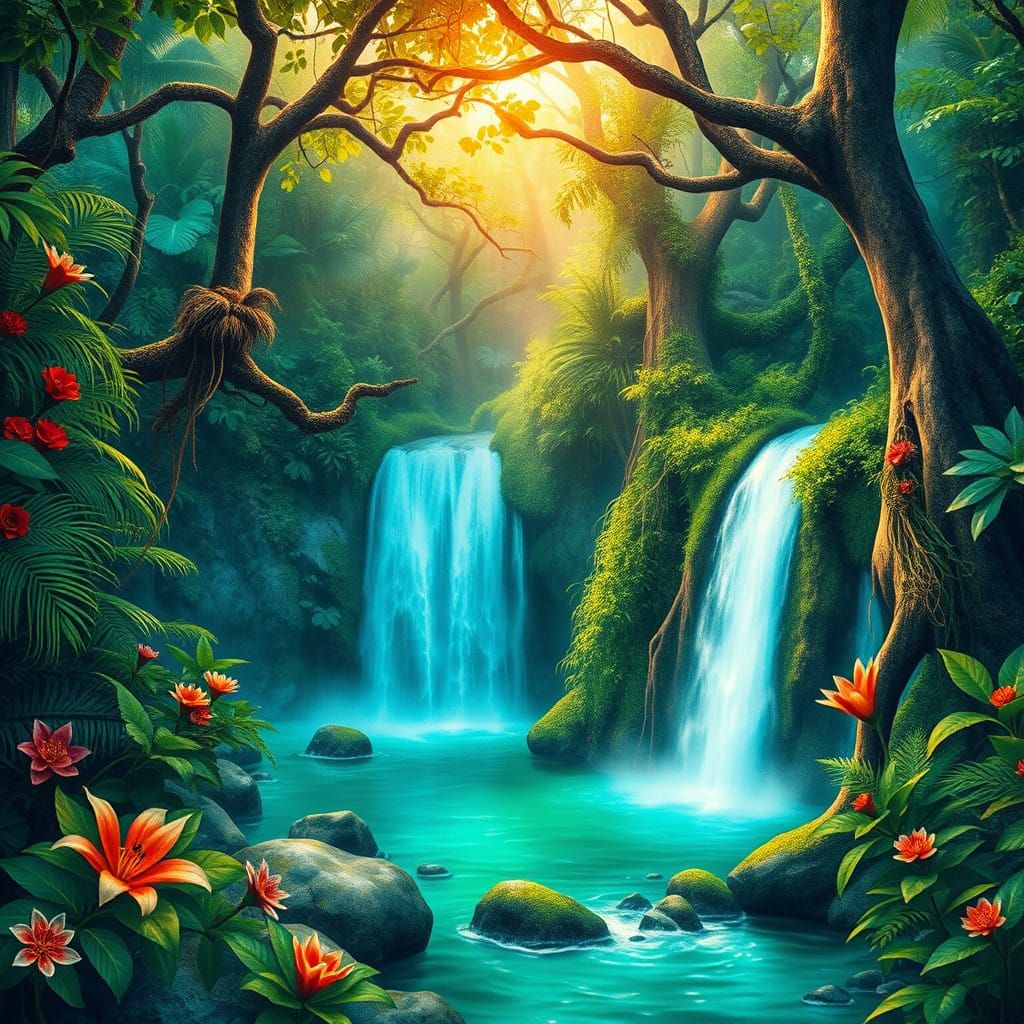 Vibrant Watercolor Jungle Scene with Turquoise Waterfall