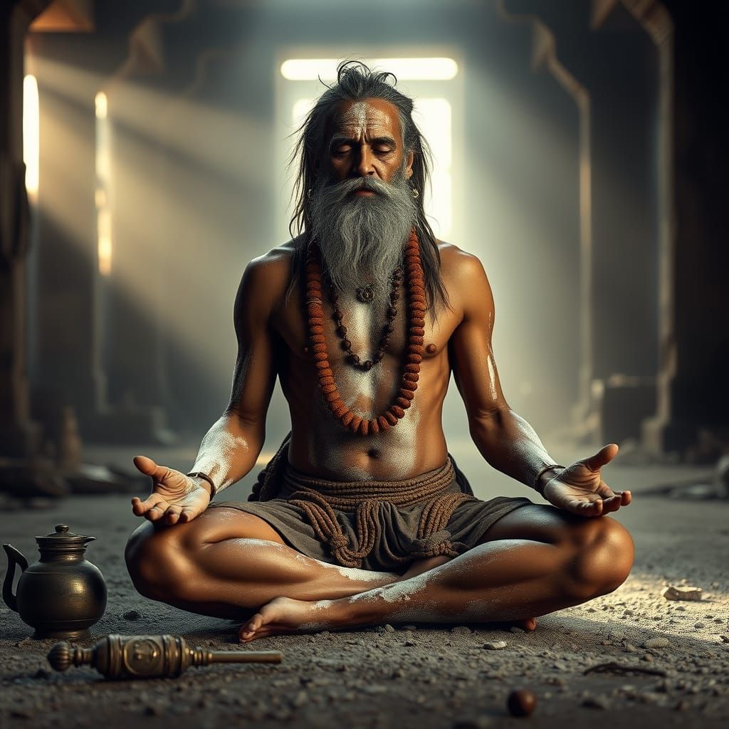 Ethereal Ascetic Yogi in Abandoned Temple