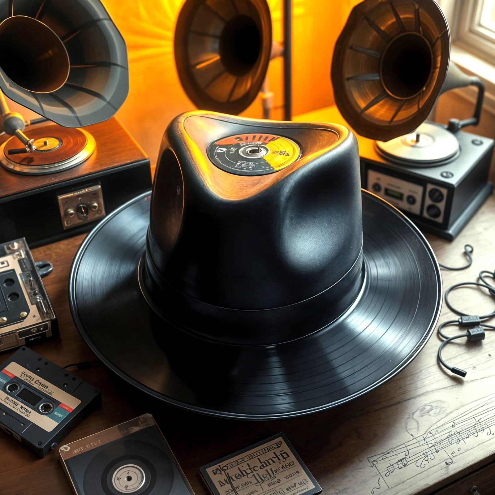 Vinyl Record Hat on Retro Audio Gear