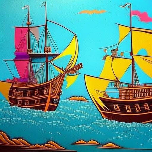 Pirate Ship Battle in Abstract Art Style