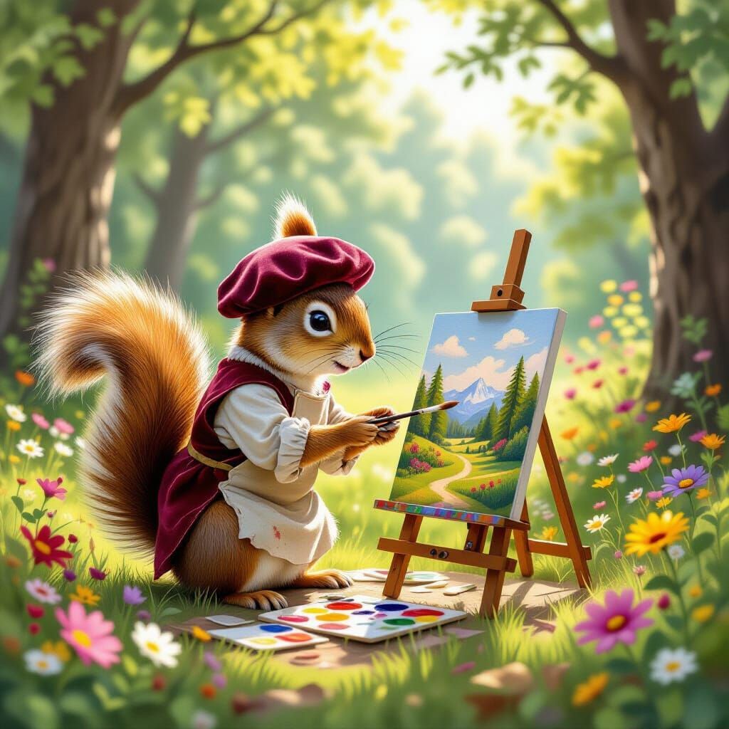 Squirrel Painter in Forest, Beatrix Potter Style