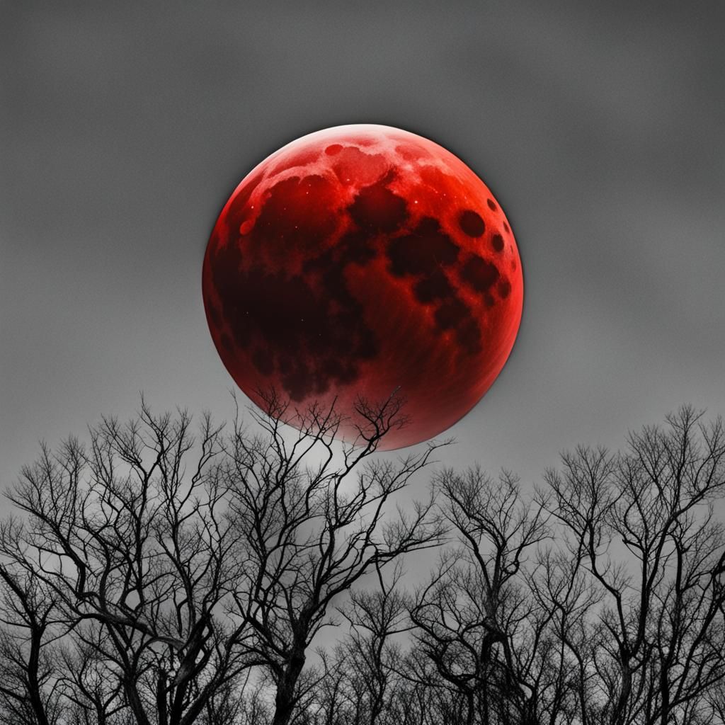 Eerie Blood Moon Over Dark Landscape