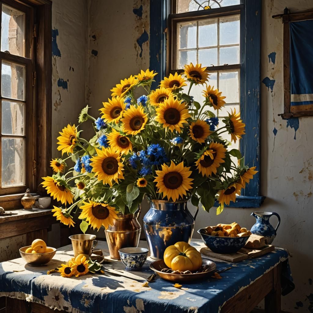 Sunflowers and Delft Blue Flowers by Window