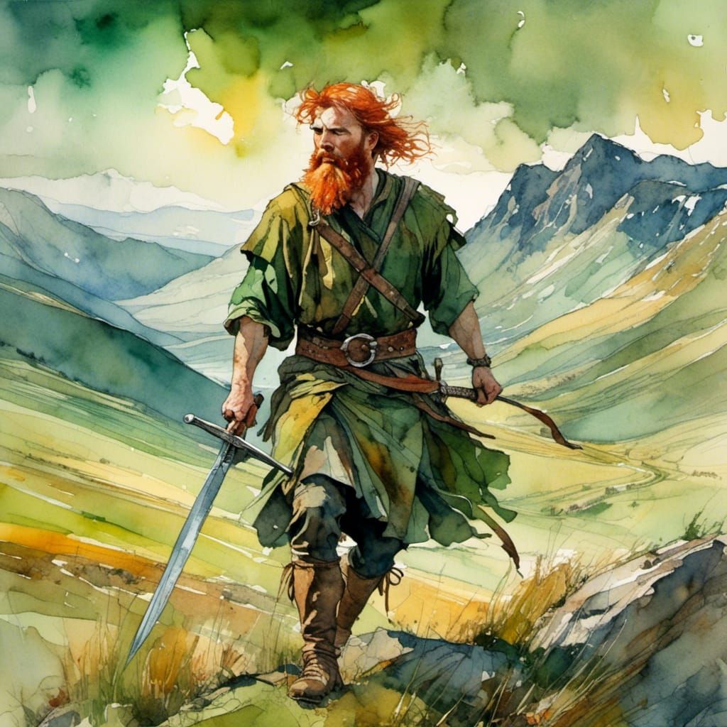Scottish Highlander with Claymore in Watercolor Style