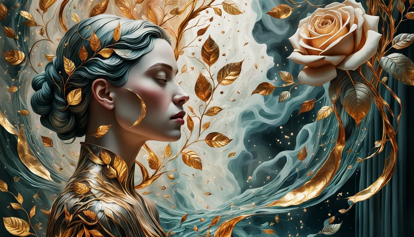 Rose Sculpture in Gouache with Metallic Fire