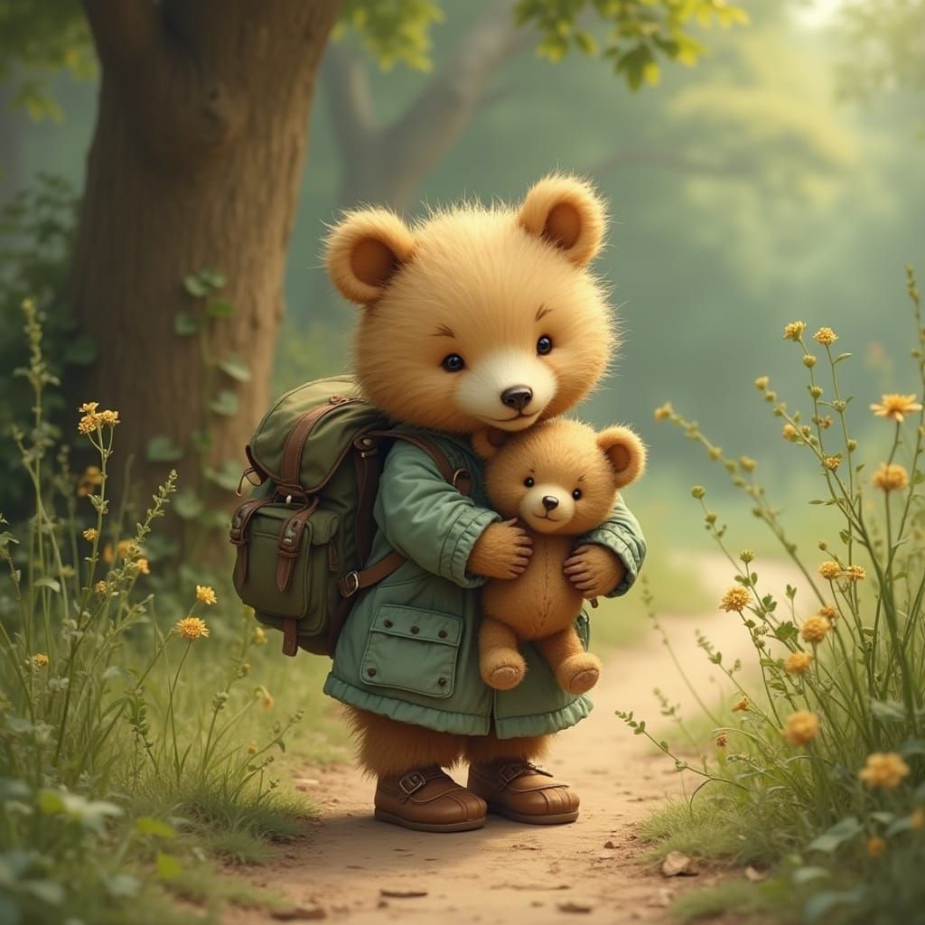 Tiny Bear in Whimsical Woodland Scene