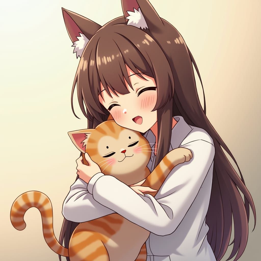 Anime Character Affectionately Hugging a Cute Cat
